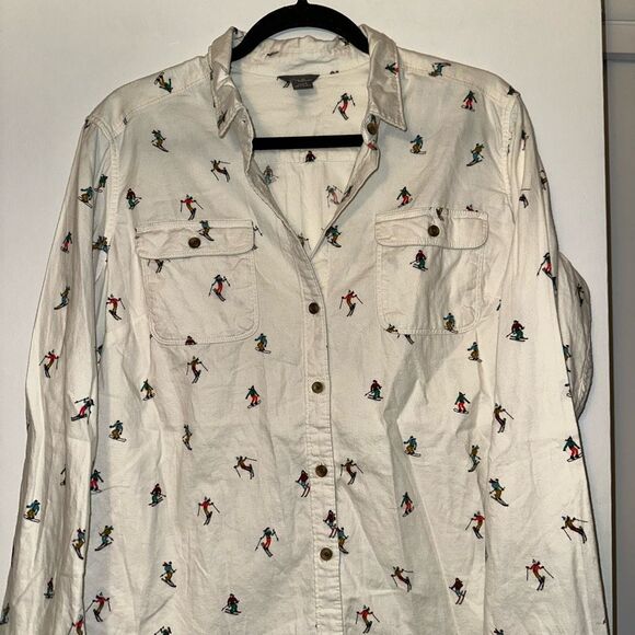 Eddie Bauer Large Ski Snowboard Pattern Cream Button Down Collared Flannel Shirt - Picture 3 of 10